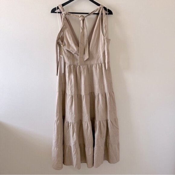 House Of Harlow 1960 Tan Linen Blend Tiered Plunge V Neck Midi Dress Size Medium - Picture 4 of 11